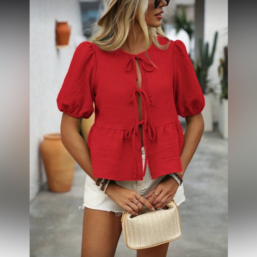 Puff Sleeve Round Neck Tie Top in 3 Colors
